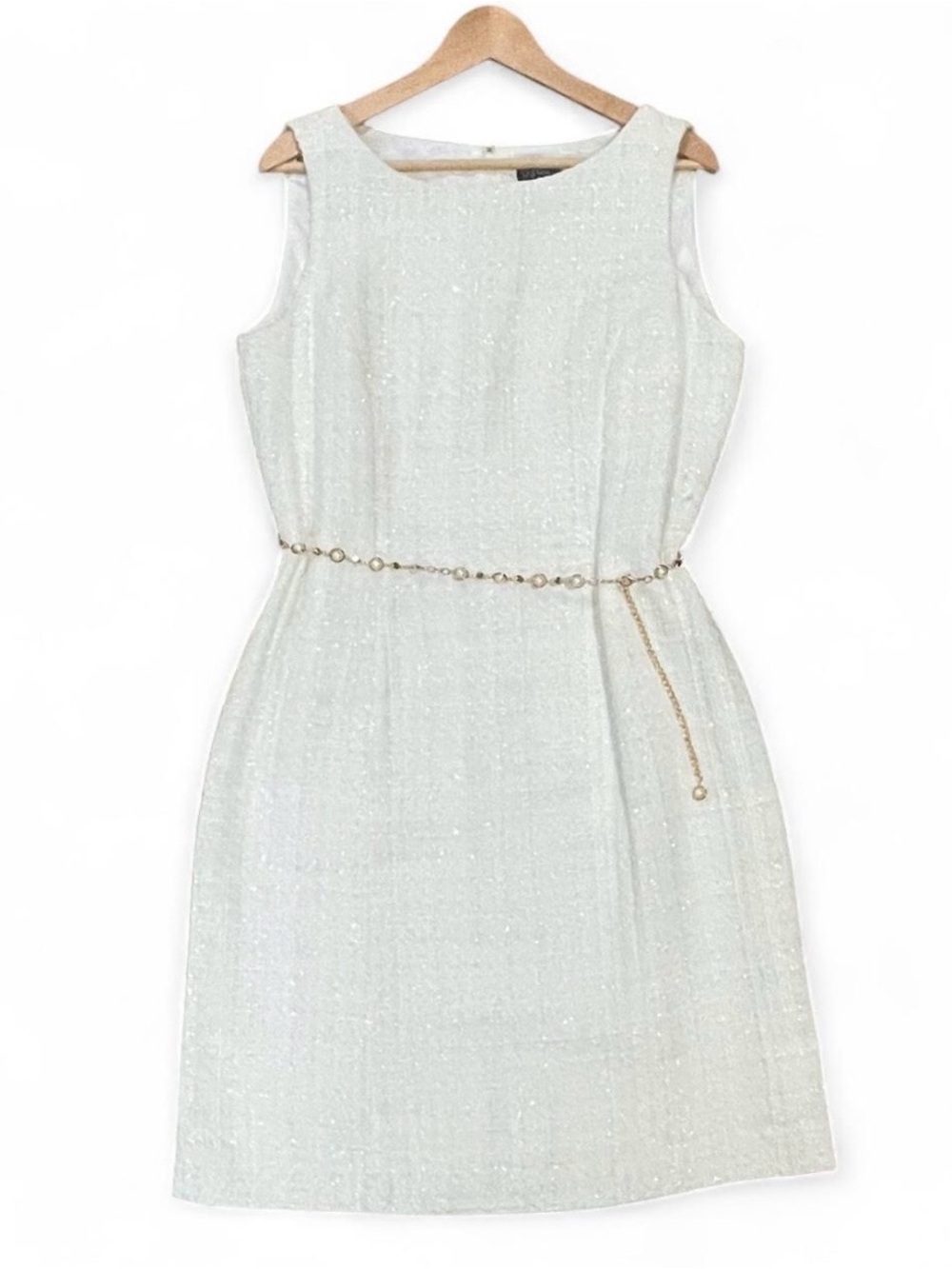 NEW Tahari Ivory Tweed Sleeveless Sheath Dress Sz 12 Knee Length Sparkle Belted